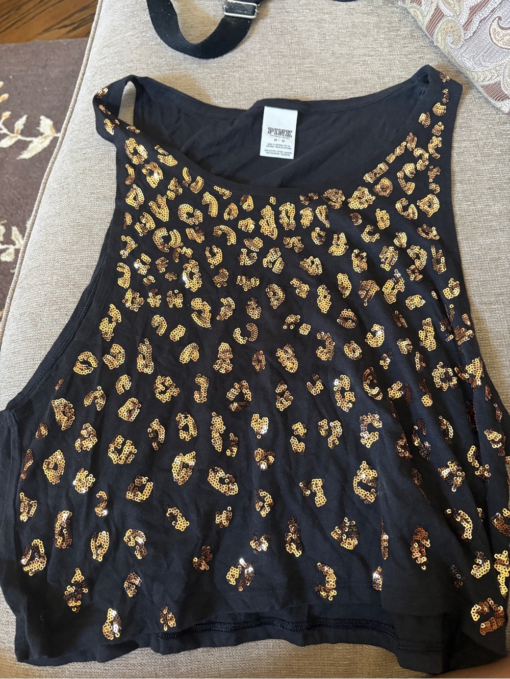 Y2K PINK Victoria's Secret Black Tank Top with Gold Sequin Leopard Print